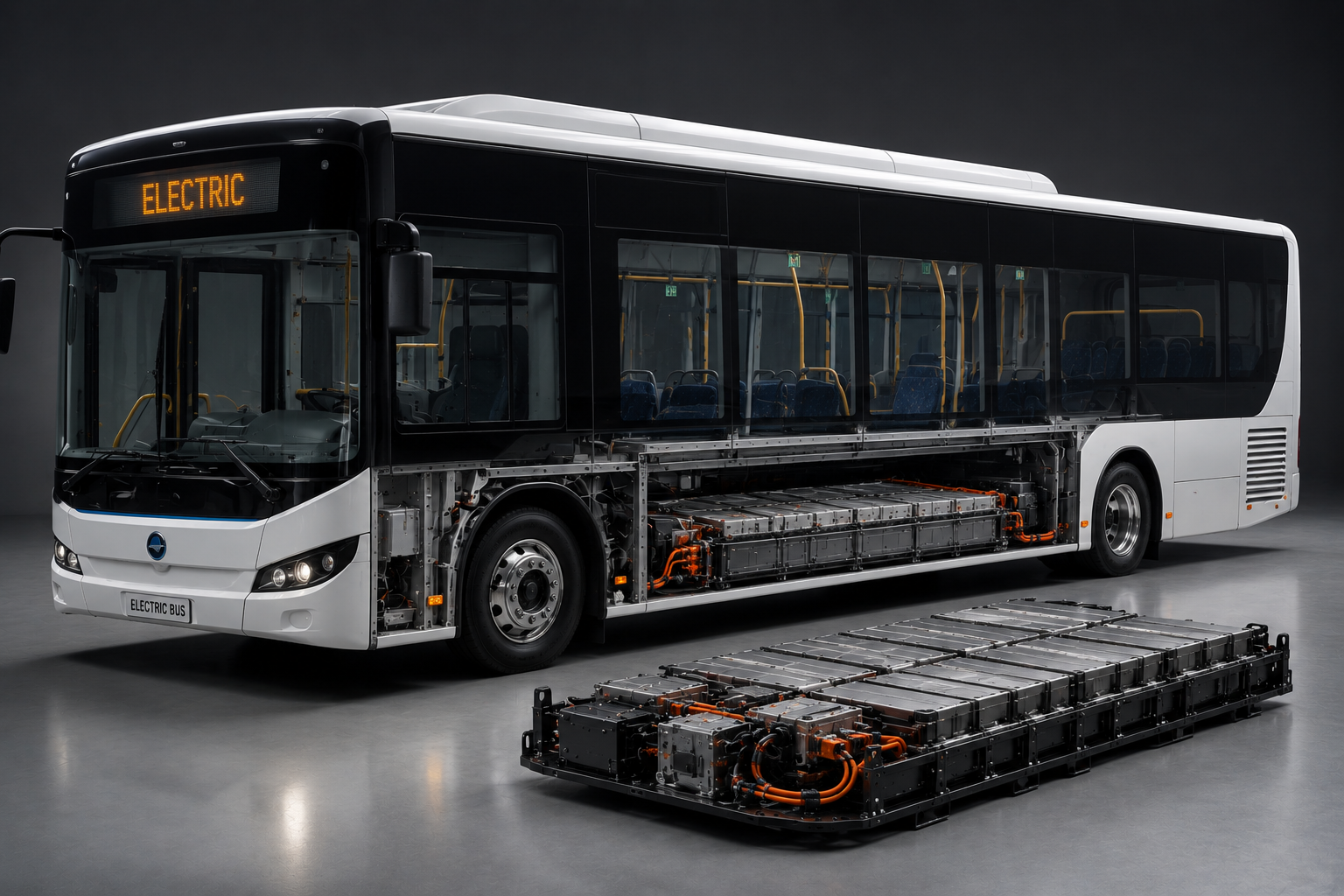 Electric city bus with visible battery pack and high-voltage system layout