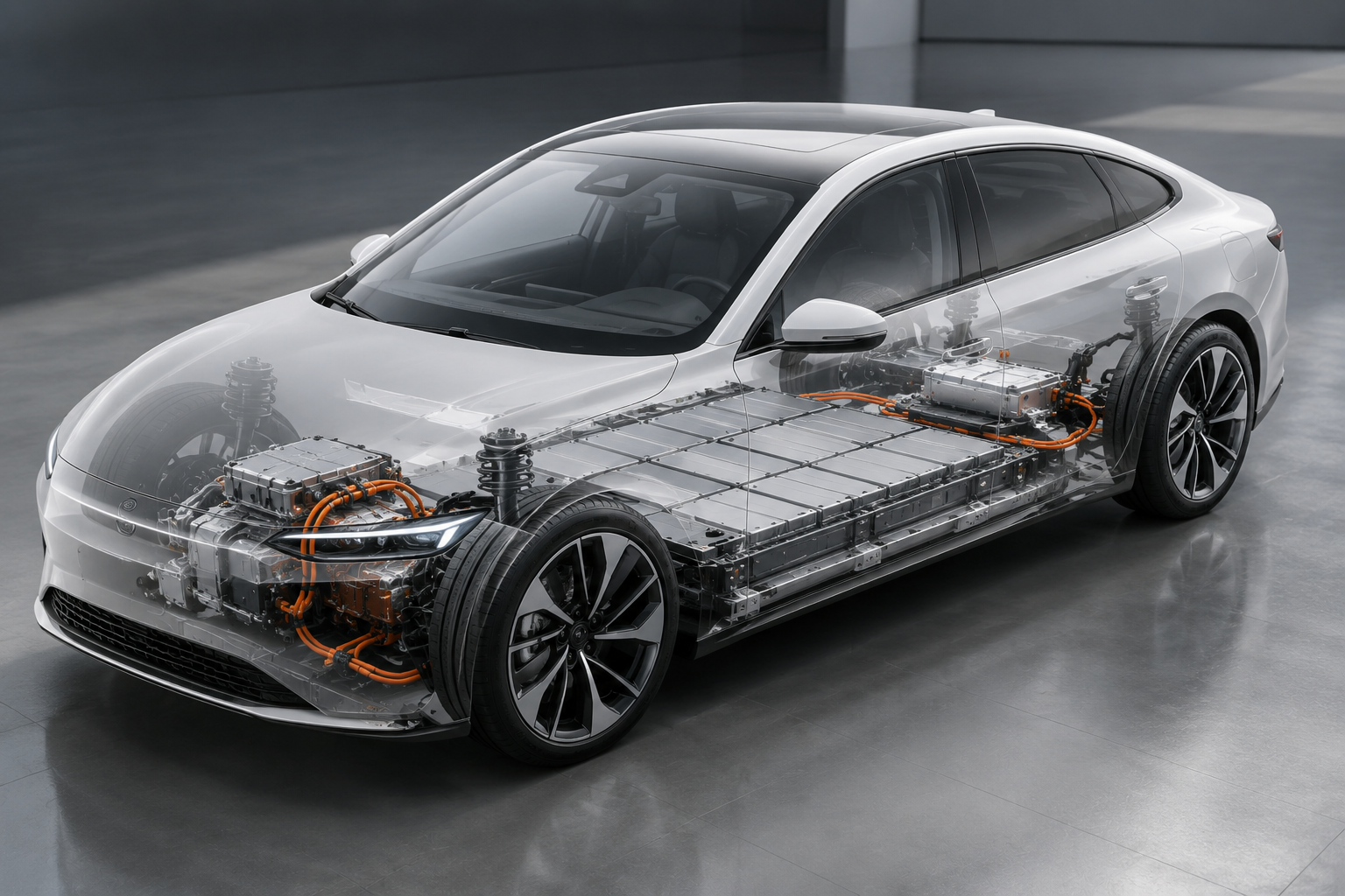 Passenger electric car with transparent body showing underfloor HV battery pack