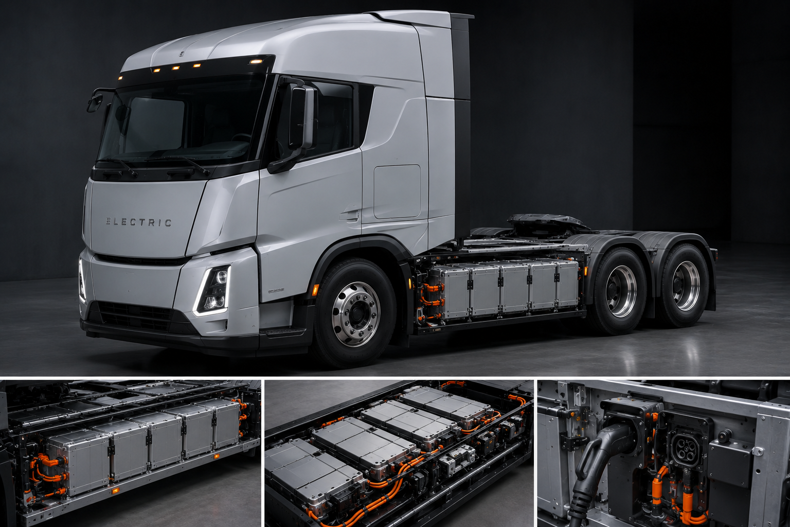 Electric truck chassis showing side-mounted battery modules and HV charging system